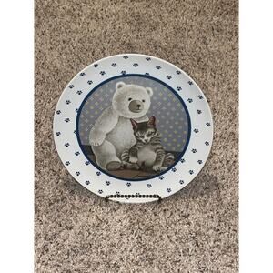 Cat & Teddy Bear Plate Sleeping Kitten Paw Prints 🐾 Herrero Collection Vtg